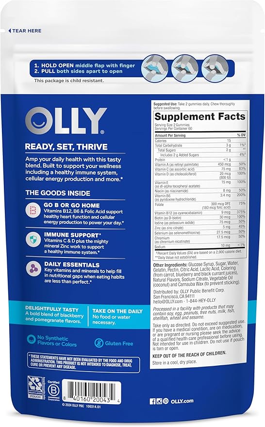 OLLY Men's Multivitamin Gummy, Immune Support, Vitamins A, C, D, E, B, Lycopene, Zinc, BlackBerry, 60 Day Supply - 120 Count
