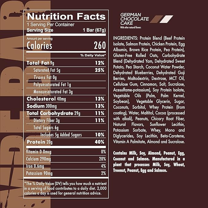 REDCON1 MRE Protein Bar, German Chocolate Cake - Contains MCT Oil + 20g of Whole Food Protein - Easily Digestible, Macro Balanced Low Sugar Meal Replacement Bar (12 Bars)