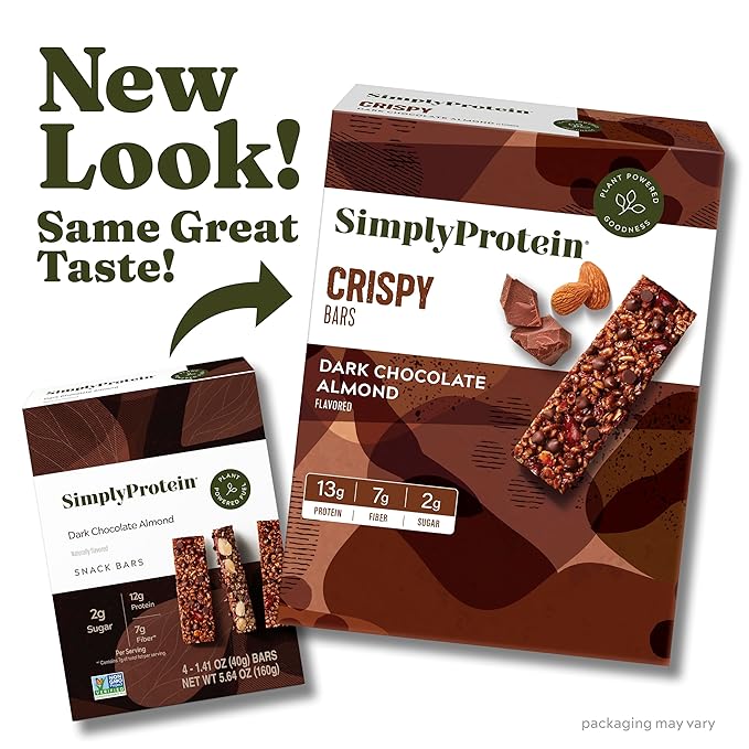 Simply Protein - Dark Chocolate Almond Crispy Bars - Plant Based Protein Bars - Low Carb, Low Sugar, High Fiber - 13g Protein, 2g Sugar, 7g Fiber - Vegan, Gluten Free, Non GMO, Kosher - 4 Bars