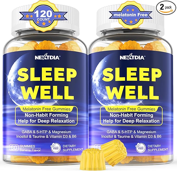 Melatonin Free Sleep Gummies with Magnesium Glycinate, GABA, 5-HTP, L-Theanine, Valerian, Chamomile, Lemon Balm, Vitamin D3 & B6 - Hormone & Drug- Free, Non-Habit Forming,2 Pack