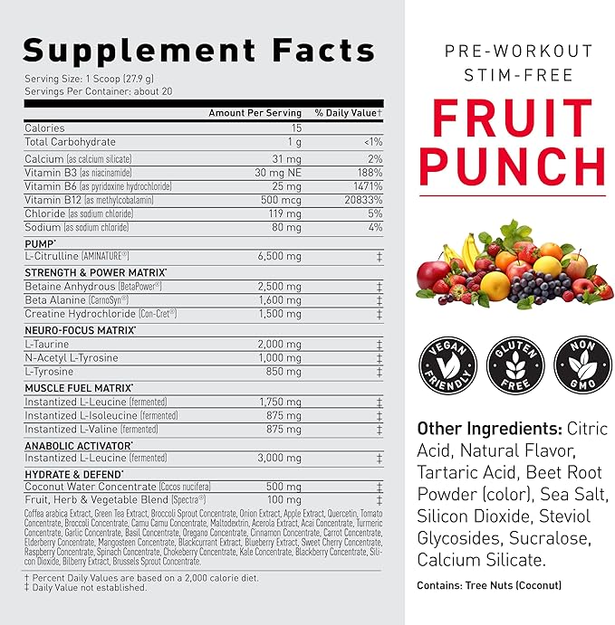 Kaged Stimulant Free Pre Workout Powder Fruit Punch Pre-Kaged Formulated with Creatine, Beta Alanine No Jitters 20 Servings