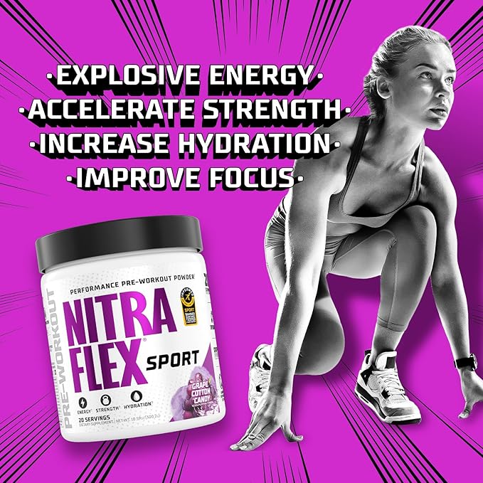 Nitraflex Sport Grape Cotton Candy Pre-Workout Powder, Banned Substance Tested, Citrulline, Betaine, Electrolytes, Hydration, Boron, for Men & Women, 20 Servings