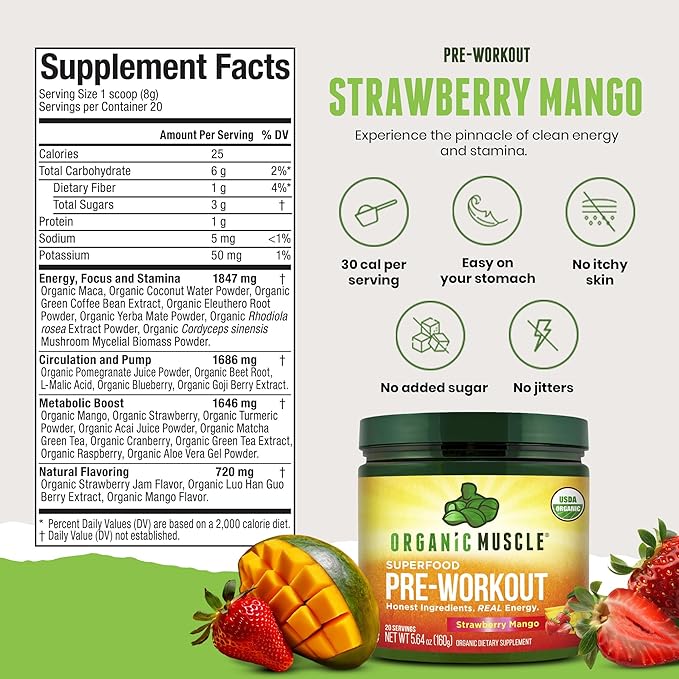 USDA Organic Pre-Workout Powder, Strawberry Mango | Clean Energy Without Jitters | Natural Performance Boost | No Artificial Sweeteners | 20 Superfoods | Low Caffeine, 20 Servings