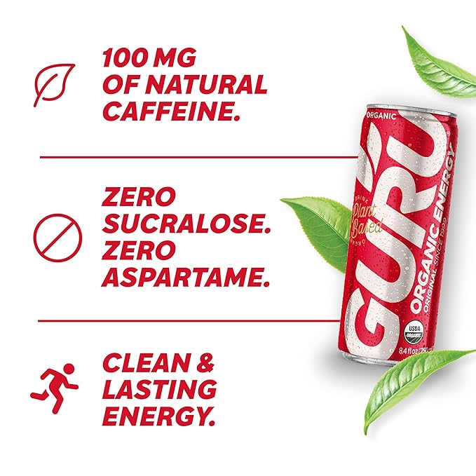 GURU Original Organic Energy Drinks, Clean Energy Drink with Plant Based Natural Caffeine from Green Tea, Gluten Free and Vegan, 100MG Caffeine, Healthy Drinks, 8.4oz (Pack of 24)