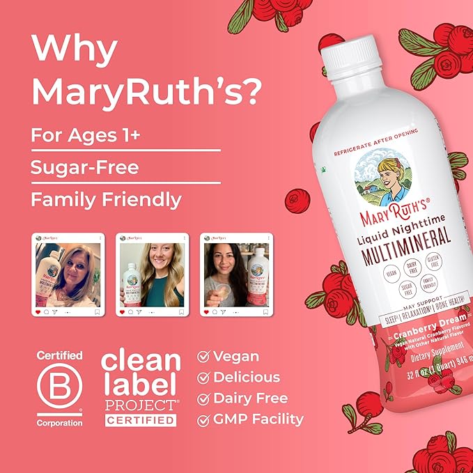 MaryRuth's Liquid Nighttime Multimineral | NO Melatonin | Bedtime Routine | Magnesium Citrate | Calcium | Zinc | Vitamin D3| Available in 4 Flavors | Vegan | Sugar Free | Gluten Free | 32 Oz