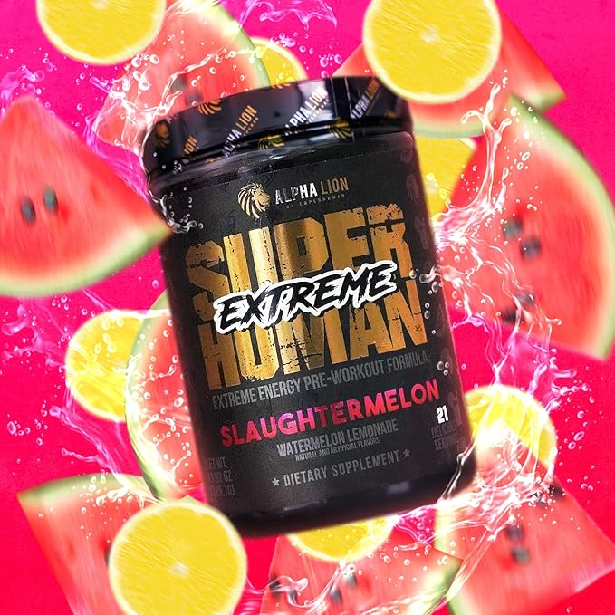 ALPHA LION Superhuman Extreme, Extreme Energy Pre-Workout Formula, Intense, Sustained Energy and Focus, Elevated Nitric Oxide, Maximum Pumps & Nutrient Delivery (21 Servings, Slaughtermelon)
