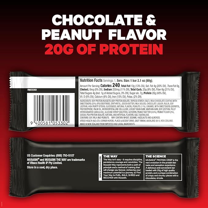 MUSASHI Protein Crisp Bar, 20g Protein, 4g Total Sugars, Chocolate & Peanut, Post Workout and Snack On The Go, 12 Pack of 2.1oz (60g) Bars