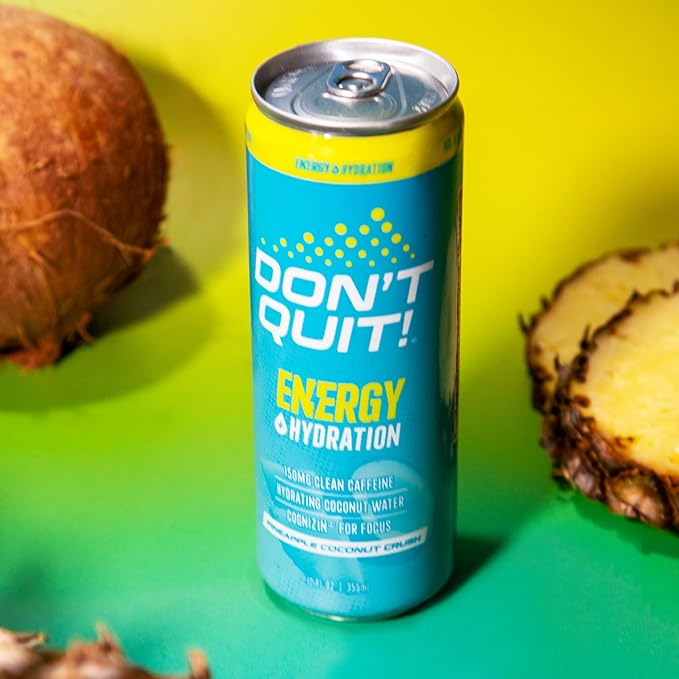 DON’T QUIT Clean Sports Energy Drink - 150 Milligrams of Natural Caffeine with Coconut Water and Electrolytes for Hydration and Cognizin® for Attention and Focus - (Pineapple Coconut Crush, 12 Pack)