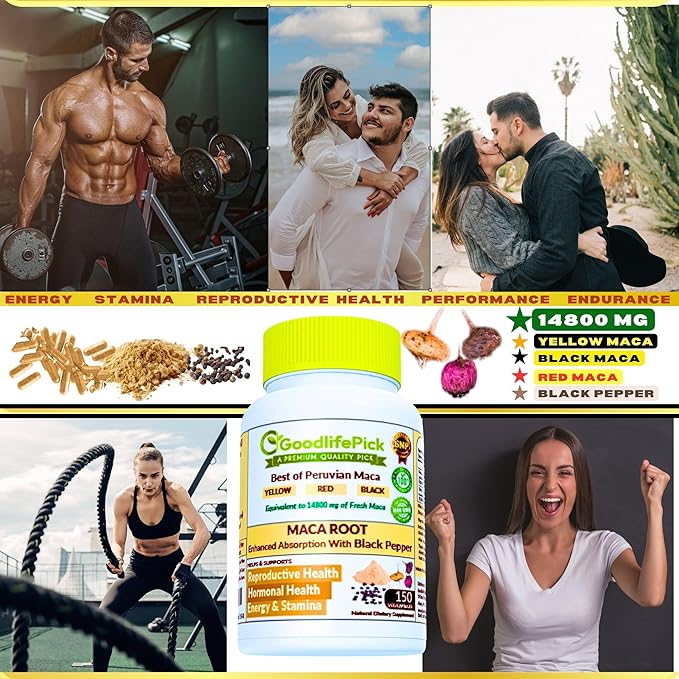 Peruvian Maca Root Capsules 150 ct. Powerful Maca Blend of Yellow Red & Black Maca Root with Black Pepper. All Natural NonGMO Vegan No Stearate No Rice Powder No Silica No Filler