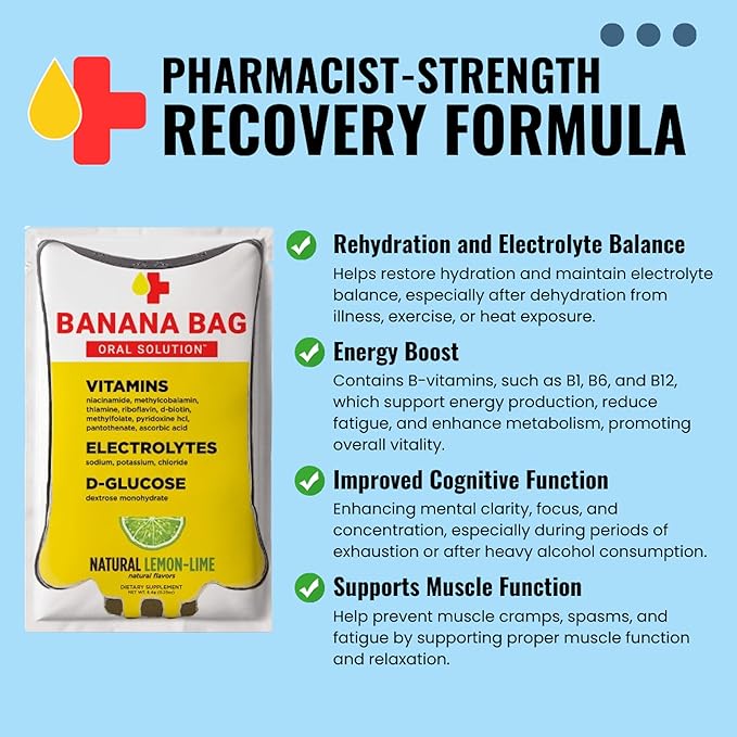 Banana Bag Oral Solution Packets โ Natural Lemon Lime 15pk | A Refreshing Blend of Electrolytes, Vitamin C, and B-Complex for Daily Hydration and Energy | Perfect for Any Lifestyle.