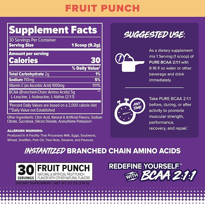 FINAFLEX Pure BCAA 2:1:1, Fruit Punch - 9.7 oz - Promotes Strength, Recovery & Performance - with 2:1:1 Ratio of Leucine, Isoleucine & Valine + Vitamin C - 30 Servings