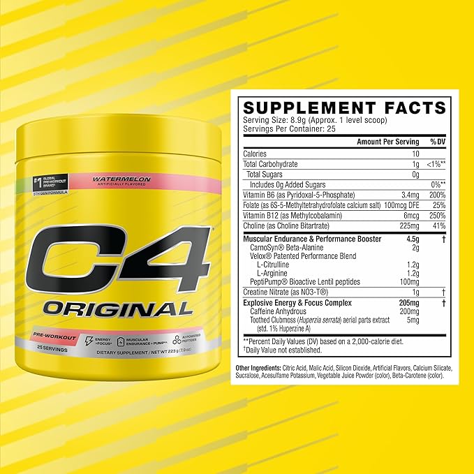 Cellucor C4 Original Pre Workout – Pre-Workout for Endurance, Focus & Performance with 200mg Caffeine, Beta-Alanine, Creatine Nitrate, L-Arginine & PeptiPump – Sugar Free, 25 Servings, Watermelon