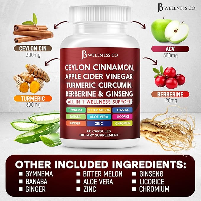 Ceylon Cinnamon, Turmeric, ACV, Ginseng, Aloe Vera, Berberine Plus Banaba, Ginger Root - 60 Capsules