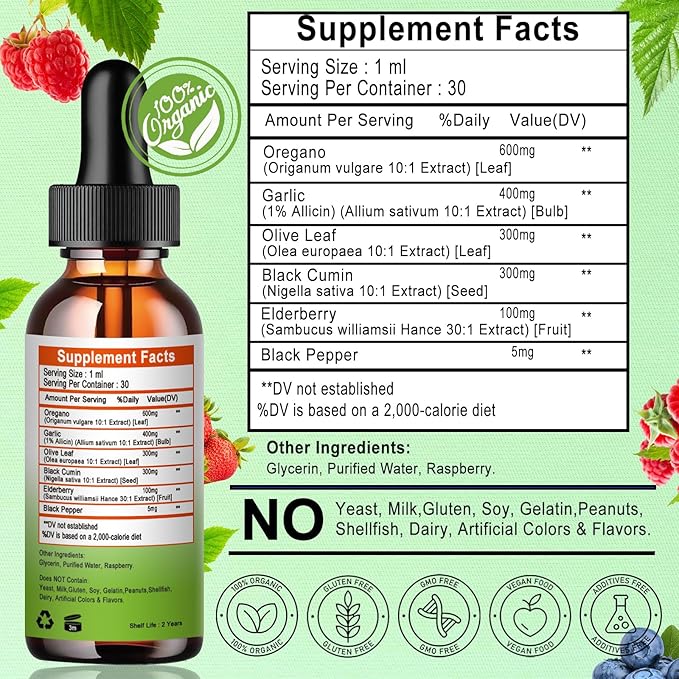 Organic Oil of Oregano with Black Seed Oil, Oregano Oil Liquid Drops w/Garlic Olive Leaf Elderberry for Immune,Digestive Support & Antioxidant,Seasonal Support Supplement for Women Men