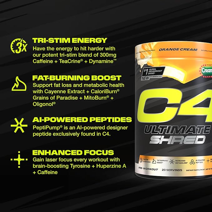 Cellucor C4 Ultimate Shred Pre Workout Powder, Metabolism Supplement with Cayenne Extract+300mg Caffeine+TeaCrine+Dynamine - Orange Creamsicle, 20 Servings