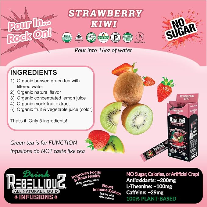 Strawberry 0 Calorie Organic Drink Mix – Sugar Free, Loaded with Antioxidants, L-Theanine, and Natural Caffeine – 10 Count