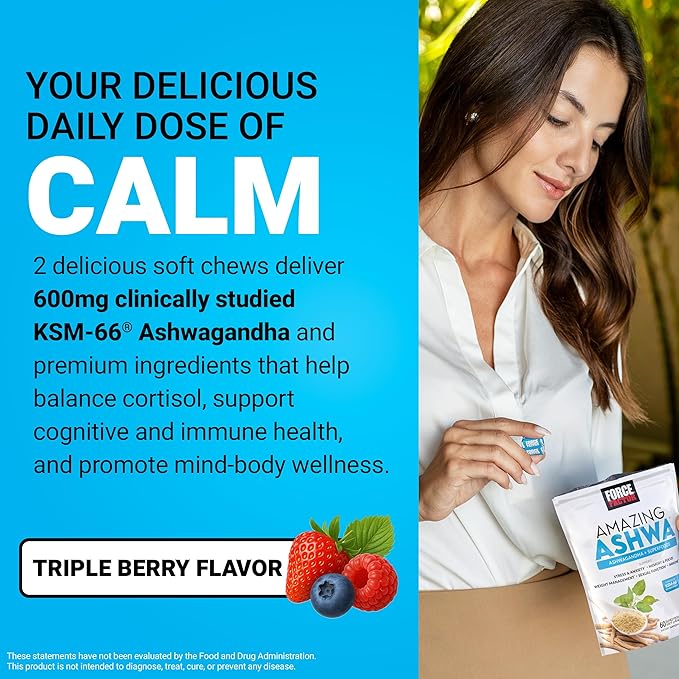 Force Factor Amazing Ashwa for Stress Relief, Memory, Focus, and Immune Support Health, Ashwaganda Supplement with KSM-66 Ashwagandha for Stress, 60 Soft Chews