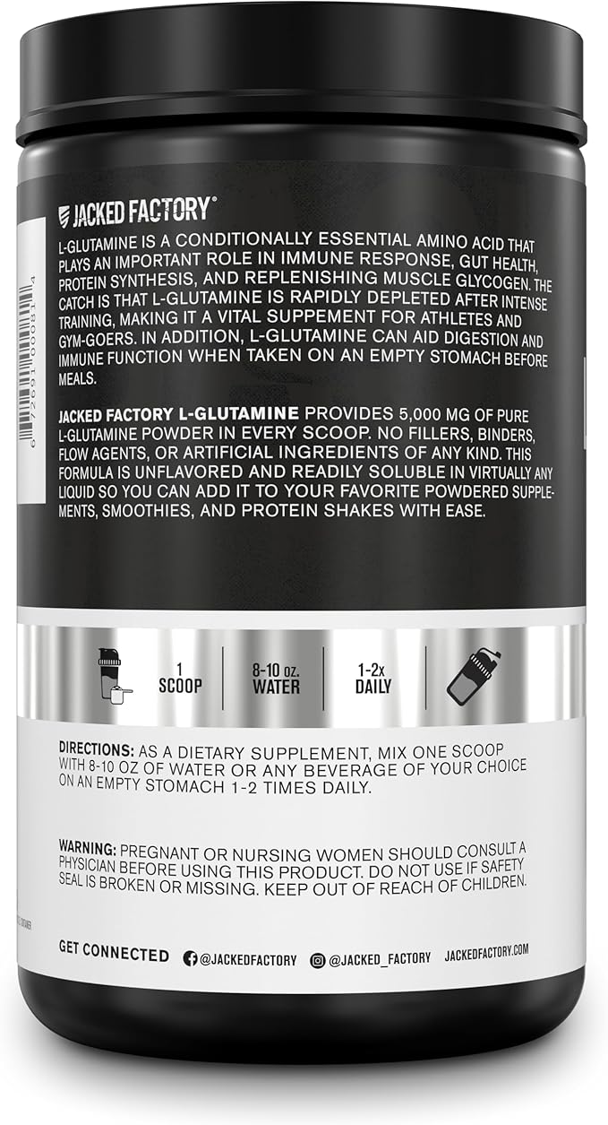 Jacked Factory L-Glutamine Powder 100 Servings - Vegan Fermented L Glutamine Supplement for Post Workout Muscle Recovery, Immunity, Digestive Health | No Artificial Filler - Unflavored
