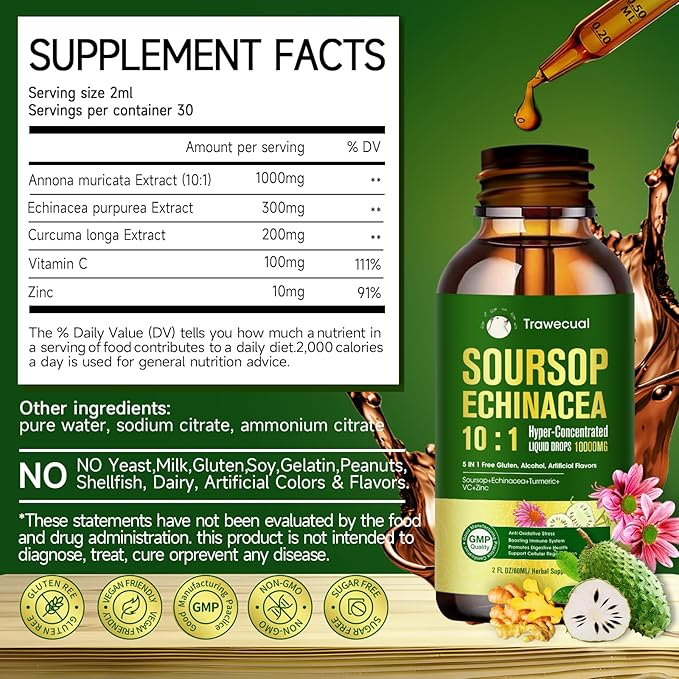 Soursop Graviola Liquid Drops – 5 in 1 with Echinacea, Turmeric, VC, Zinc, 10:1 Concentrate Soursop Bitters for Immune Support, Cellular Health and Antioxidant Support