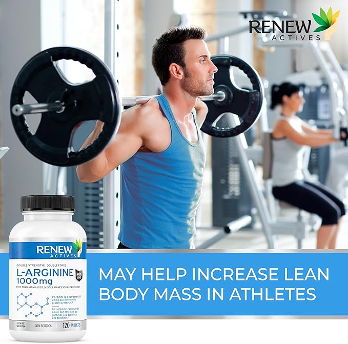Renew Actives L-Arginine Supplement 1000MG for Serving - Strength & Endurance, Essential for Protein Synthesis & Muscle Function, Physical Performance Booster - Made in Canada - 120 Tablets