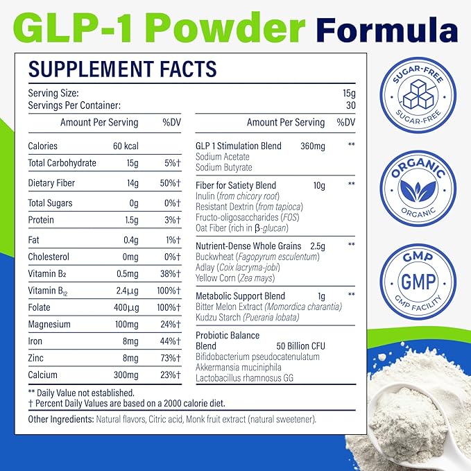 GLP-1 Supplement, GLP1 Supplements Women Naturally Gut GLP 1 Powder 1500MG Boosting Prebiotic Mix with Akkermansia Muciniphila Probiotic & High Fiber for Digestion, Energy, Overall Health, No Fillers