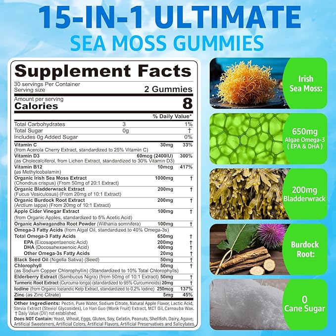 Sea Moss Gummies + Omega-3 Vegan for Man Women, Organic Irish Seamoss Supplement w/Ashwagandha, Turmeric, Elderberry, Vitamins D3, B12, C, Burdock Root, Bladderwrack, for Brain, Energy, Immunty, 60Cts