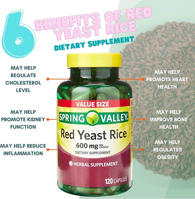 Spring Valley Red Rice Yeast 600mg, Red Yeast Rice Powder (Monascus purpureus), Dietary Supplement, Cholesterol, Gluten Free, Capsules for Adults 120 Count (Pack of 1)