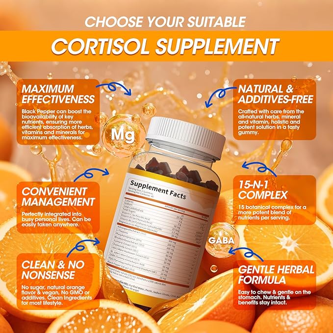 Cortisol Supplements for Women & Men, 15-in-1 Calm Cortisol Gummies with Ashwagandha, Magnesium, L-theanine, GABA, Phosphatidylserine, Vitamin C, D3, B6 for Mood, Sleep, Focus Support - Vegan, 90CT