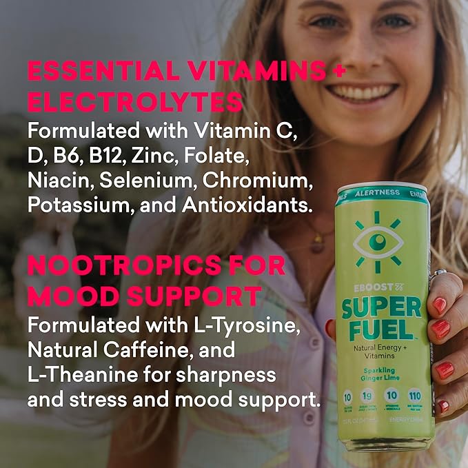 EBOOST Super Fuel Natural Energy Drink - Strawberry Lemonade - 12 Pack x 11.5 Fl Oz - Natural Caffeine from Coffee & Green Tea - Essential Electrolytes, Nootropics & Vitamins - Sports Preworkout Drink