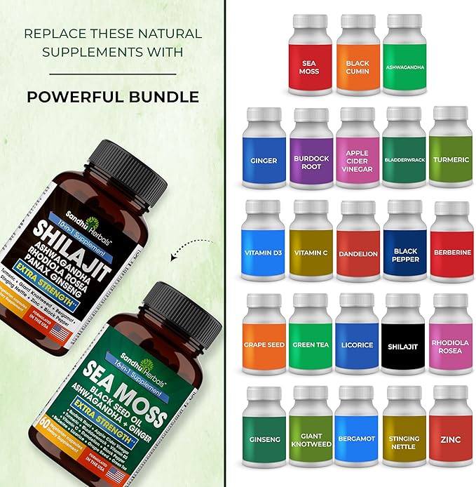 Shilajit Sea Moss Ashwagandha Combo Bundle - Black Seed Oil, Turmeric, Rhodiola Rosea, Panax, Ginseng Supplement | 120 Capsules, Better Than Gummies, Resin | Seamoss for Men & Women