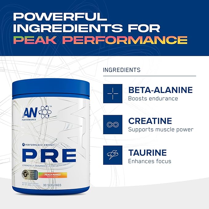AN Performance Pre-Workout Powder Supplement for Men & Women | Energy Drink Mix with 300mg Caffeine + Beta Alanine + Citrulline | Third-Party Tested | Peach Mango | 30 Servings