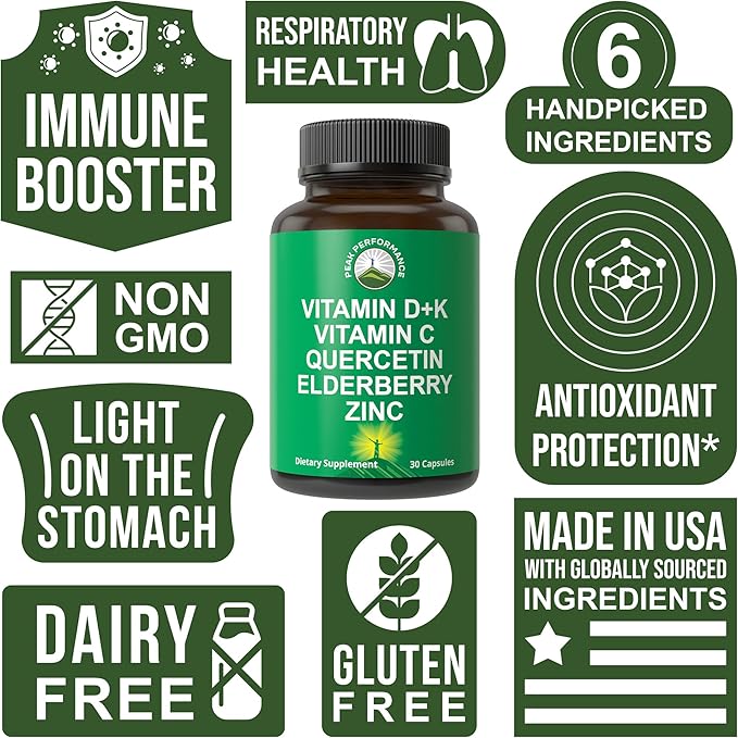 Immune Support Supplement with 6 Top Ingredients. Vitamin D3 K2 + Vitamin C + Elderberry + Zinc + Quercetin. Includes 5000 IU Vitamin D. Zinc 15mg. Immunity Capsules. Supplements for Women and Men