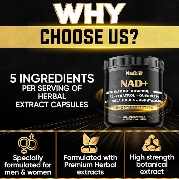 NAD+ Supplement with Nicotinamide Riboside, Resveratrol, Quercetin, Turmeric, Rhodiola Rosea - 60 Count