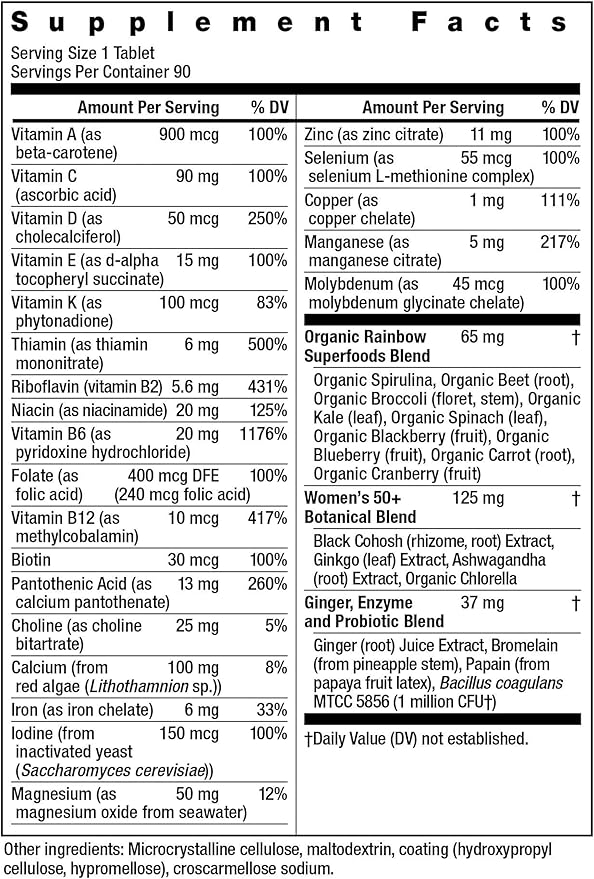Rainbow Light Multivitamin for Women 50+, Vitamin C, D & Zinc, Probiotics, Women's One 50+ Multivitamin Provides High-Potency Immune Support, Non-GMO, Vegetarian, 90 Tablets