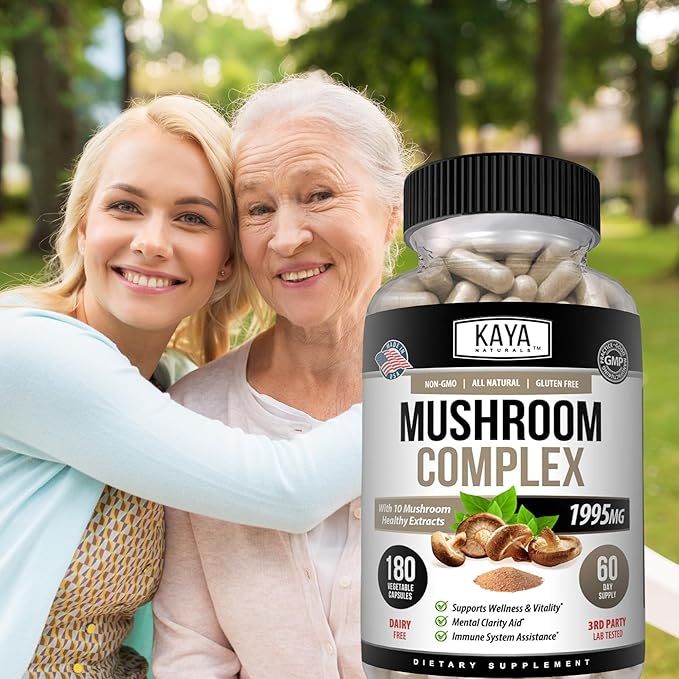 Kaya Naturals Premium Mushroom Complex Potent - Mushroom Supplement - Mushroom Complex Capsules 1995mg Per Serving - Aids Mental Clarity Supports Immune System, Wellness & Vitality - 180 Count