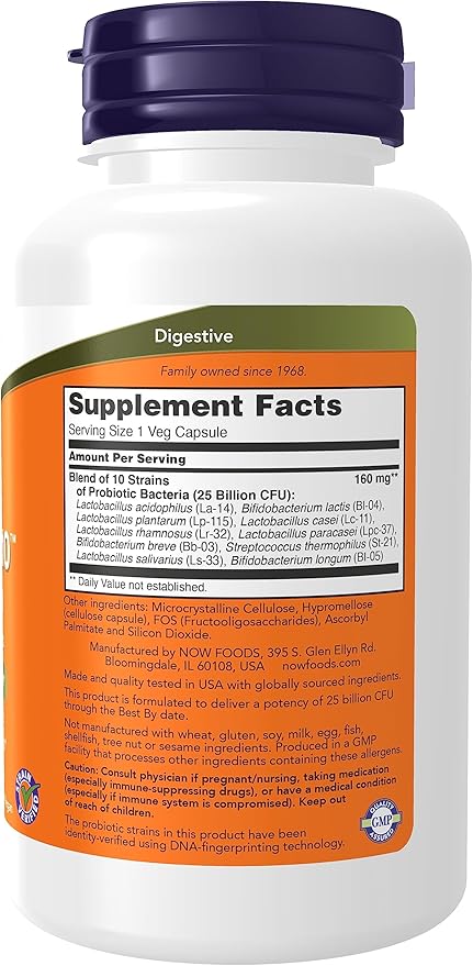 NOW Foods, Probiotic-10™, 25 Billion, with 10 Probiotic Strains, Dairy, Soy and Gluten Free, Strain Verified, 180 Veg Capsules