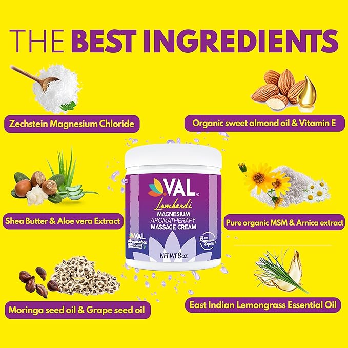 VAL Pure Zechstein Magnesium Cream with MSM and Organic Oils | Effortless Glide, Non-Greasy | | Magnesium Chloride Supplement Sourced from Zechstein Seabed | Whole Body Massage Cream | 8oz