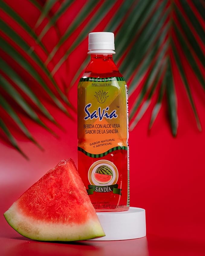 "Savia - Watermelon Aloe Vera Drink, Quality Aloe-Based Beverage, Made with Real Aloe Pulp & Natural, Delicious & Refreshing, Vegetarian, Gluten-Free, Fat-Free (16.9oz, 12-Pack)"