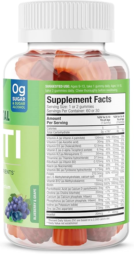 SUKU Teen Boy Multivitamin Gummies – Vitamins A, B12, C, D3, E, Zinc & Biotin – Sugar-Free Vegetarian Supplement for Energy, Growth, Immune & Bone Health – Grape Flavor – 60 Count