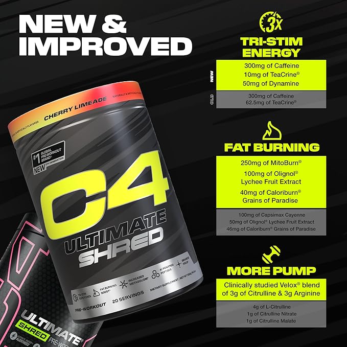 Cellucor C4 Ultimate Shred Pre Workout Powder, Metabolism Supplement with Cayenne Extract+300mg Caffeine+TeaCrine+Dynamine - Pink Lemonade, 20 Servings
