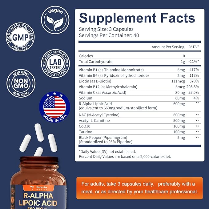 R Alpha Lipoic Acid 600mg - ALA Supplement Capsules for Neuropathy Support Supplement Antioxidant, Nerve Health, Liver Detox, Metabolism and Cell Energy, Anti-Aging, Non-GMO, Gluten Free, Vegan Safe