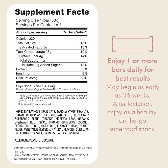 Boobie Bar Superfood Peanut Butter Lactation Bar for Breastfeeding Moms to Increase Milk Supply | #1 Selling Lactation Snack Bars | Vegan, Fenugreek-Free, Gluten-Free, Dairy-Free (7 Bars)