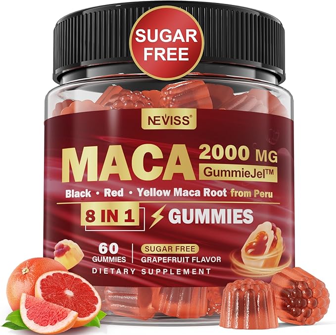 Maca Root Filled Gummies for Women Men | Sugar Free | Made in USA | Organic Black, Red, Yellow Maca Root Supplement Gummy 2000mg with Ashwagandha Ginseng | Vegan, Non-GMO, Grapefruit Flavor, 60 Count