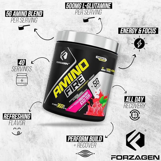 Forzagen Amino Fire | Essential Amino Energy Powder for Pre-Workout | BCAA Energy Boost & Muscle Recovery Drink Mix, Enhance Focus & Concentration, Dietary Supplement | Raspberry Ice Tea, 40 Servings