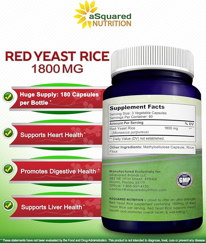 aSquared Nutrition Red Yeast Rice 1800mg - Dietary Supplement Vegan Powder Pills to Support Cardiovascular Health - 180 Veggie Capsules