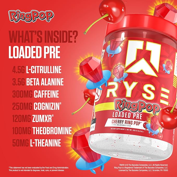 Ryse Loaded Pre Workout Powder - Ring Pop Cherry - Daily Pre-Workout for Men & Women with 325mg Caffeine, Beta Alanine, and Citrulline for Pump, Focus, and Energy - 30 Servings