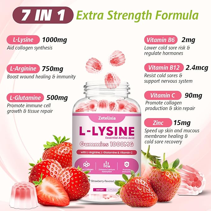 7-in-1 L-Lysine Gummies 1000mg, Lysine Gummies for Adults & Kids, Essential Amino Acid with L-Arginine, L-Glutamine, Vitamin for Lip & Skin, Immune, Calcium Absorption, Strawberry Flavor, 60Ct