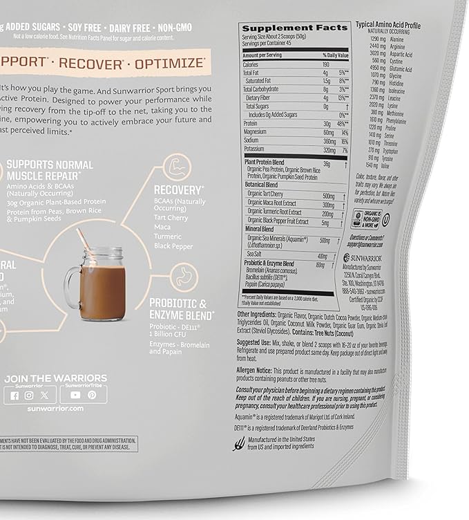 Sunwarrior Vegan Protein Powder USDA Organic Protein Powder Blend | Plant Based BCAA Sugar Free Gluten Free Non-GMO Dairy Free | Chocolate 4.96lbs | Sport Organic Active Protein