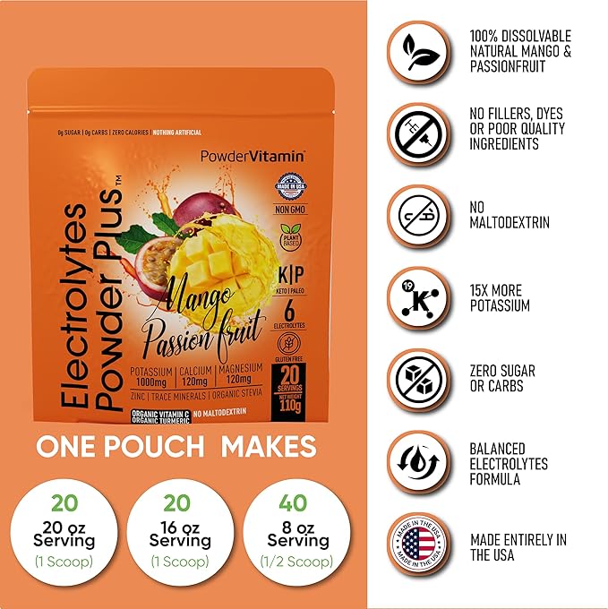 Electrolytes Powder Plus (20 Servings) Mango Passionfruit Electrolyte Powder Zero Calorie Keto,0 Sugar,No Maltodextrin,1000mg Potassium,120mg Calcium,120mg Magnesium, Pink Himalayan Salt