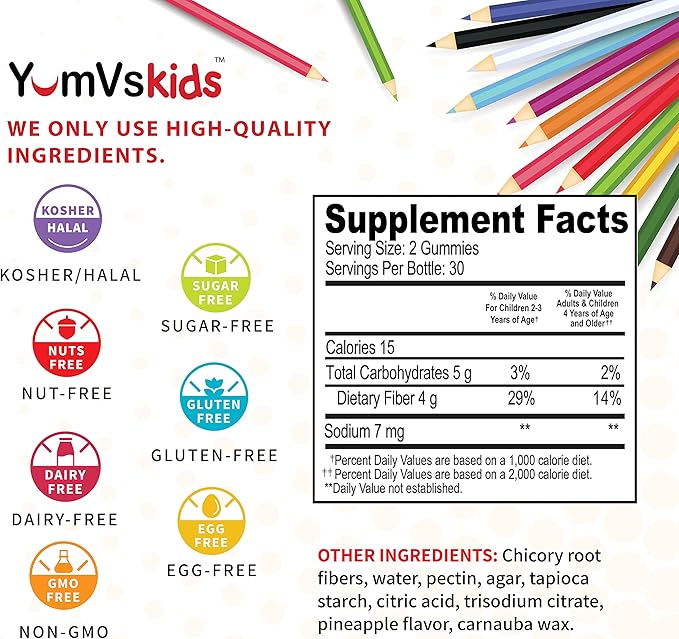 Prebiotic Fiber Zero Gummies for Kids by YumVs | Keto Sugar Free Gummy Chews for Toddlers |4g Fiber for Children Constipation Support | Natural Kosher Halal Berry Chewable 70 Count